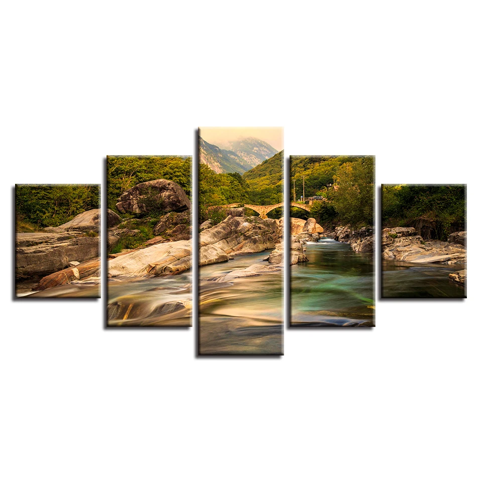 Home Decor Modern Living Room Wall Art Pictures 5 Pieces Green Mountain And River Painting Natural Scenery Modular Canvas Prints | Дом и сад