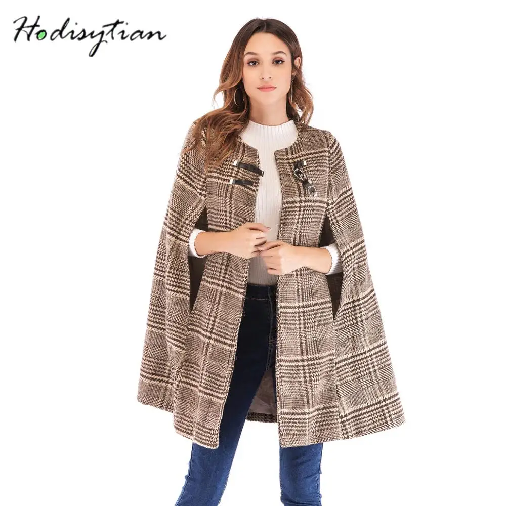 

Hodisytian Women Check Cloak Wool Blends Plaid Trench Coat Casual Cotton Thick Cardigan Female Outerwear Cashmere Overcoat