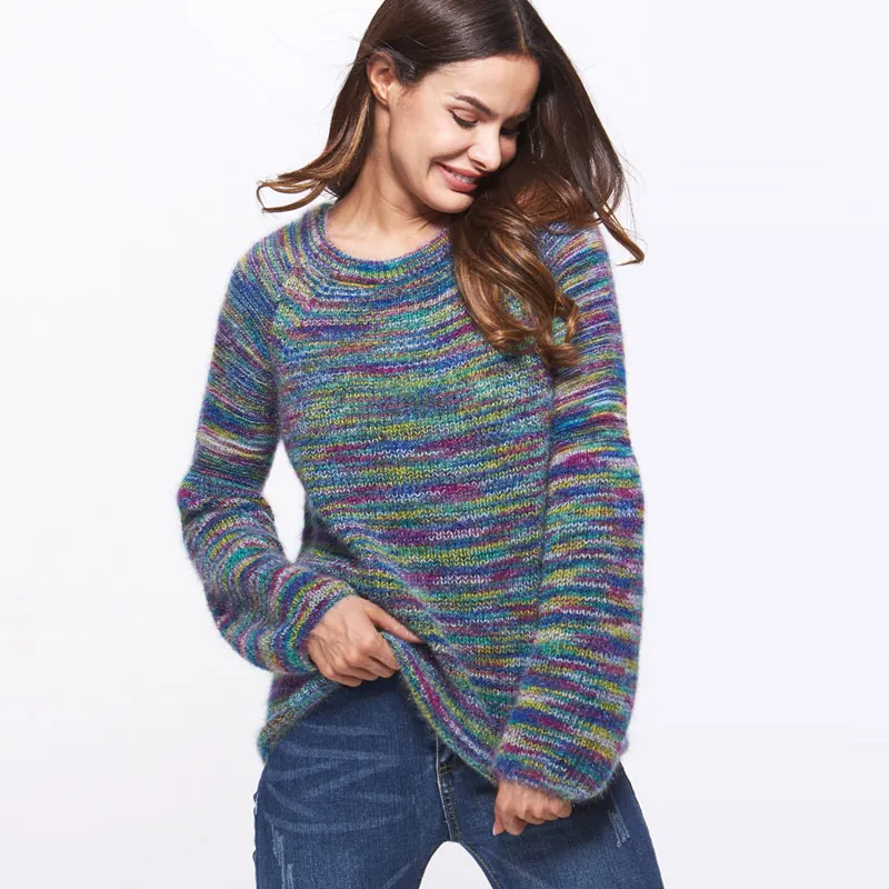 QIUXUAN Autumn Winter Women Sweater Multicolor Gradient O Neck Long Sleeve Pullover Female Warm Fashion | Женская одежда