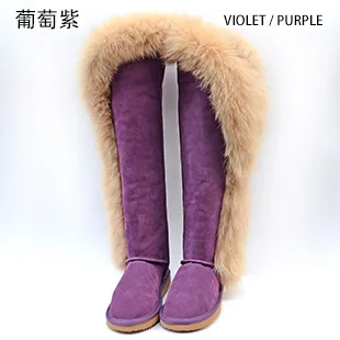 Purple INOE/модные женские зимние сапоги выше колена из коровьей замши с натуральным лисьим мехом; высокие зимние сапоги на плоской подошве; Цвет черный, серый - Цвет: Purple