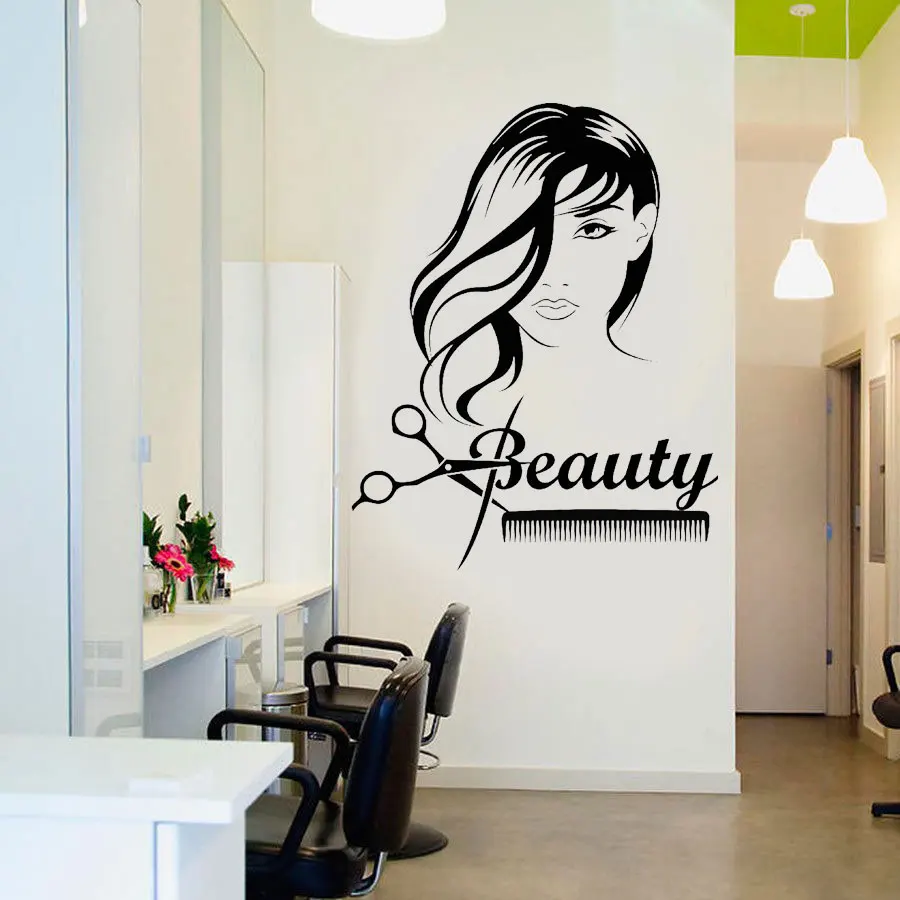 Belleza chica Pelo Largo tijeras peine barbera pegatinas de pared vinilo interior extable pegatina en la arte peluquer|Наклейки на