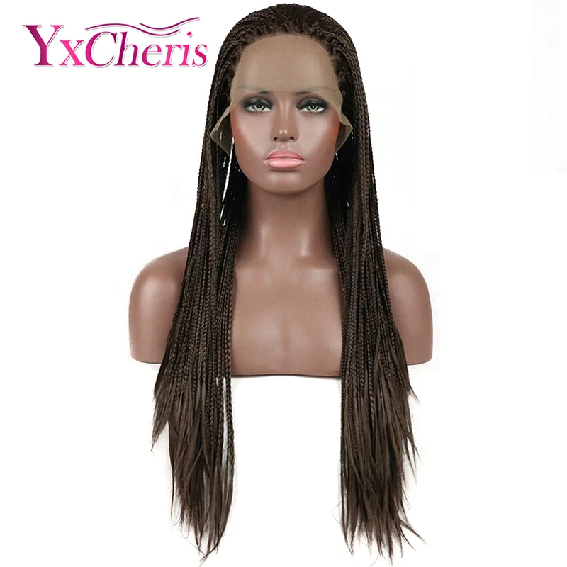 

24" Afro Long Synthetic Lace Front Braided Wigs for African Black Women 3X Box Braids Hair Brown Cosplay Party Wigs