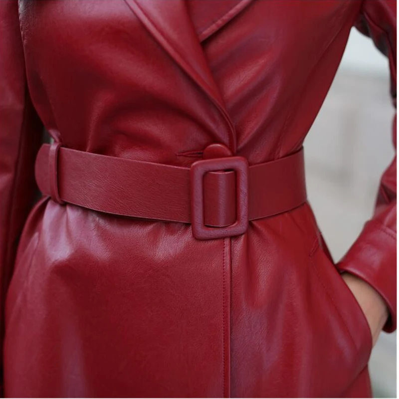

YAGENZ Spring/Autumn Women Pu Leather Coat Fashion High-end Slim Belt Black Leather Jacket Plus size PU Leather Long Trench Coat