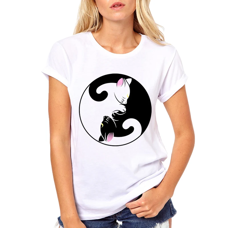 Женская футболка с котятами Yin Yang белая Повседневная коротким рукавом