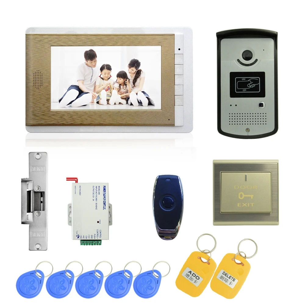(1 set) Video Door Phone Door Bell Intercom Color Monitor Access Control Exit button Remote Unlock RFID key For