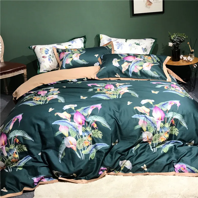 

Egyptian cotton tropical plant printing bedding set for adults 4pcs double king queen size duvet cover bed sheet pillowcases #s