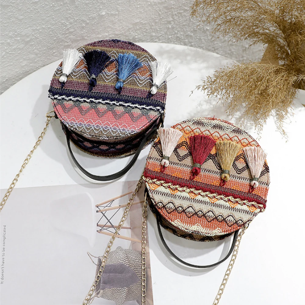 Boho национальная круговая Маленькая женская сумка через плечо, стеганая сумка-кошелек с цепочкой на ремне, праздничная дорожная сумка