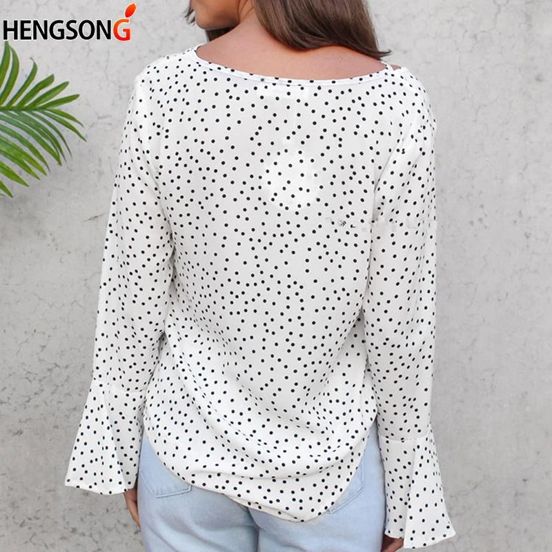 Осенняя женская блузка с v-образным вырезом крестообразная шнуровка в горошек