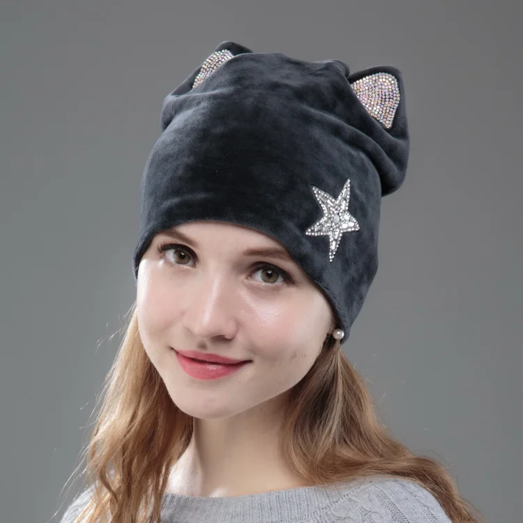 OHCOXOC дизайн женские шапочки Skullies принцесса девушка милая осенне-зимняя шапка с кошачьими ушками блестящая Звезда со стразами - Цвет: grey