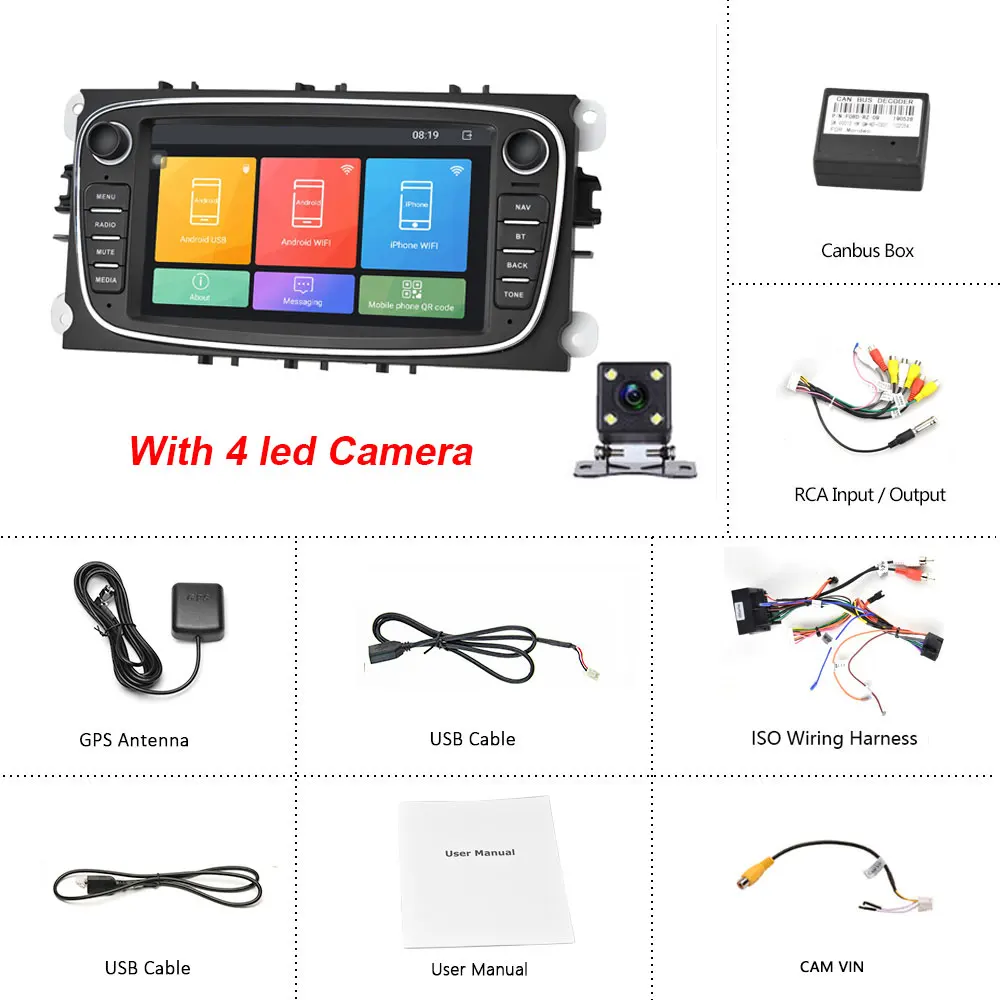 Black With 4 LED Camecho Android 8,1 Автомобильный мультимедийный плеер gps автомобильный Радио 2 Din dvd Авторадио для FORD/Focus 2 Mk2/Mondeo/S-MAX/C-MAX/Galaxy DVR - Цвет: Black With 4 LED