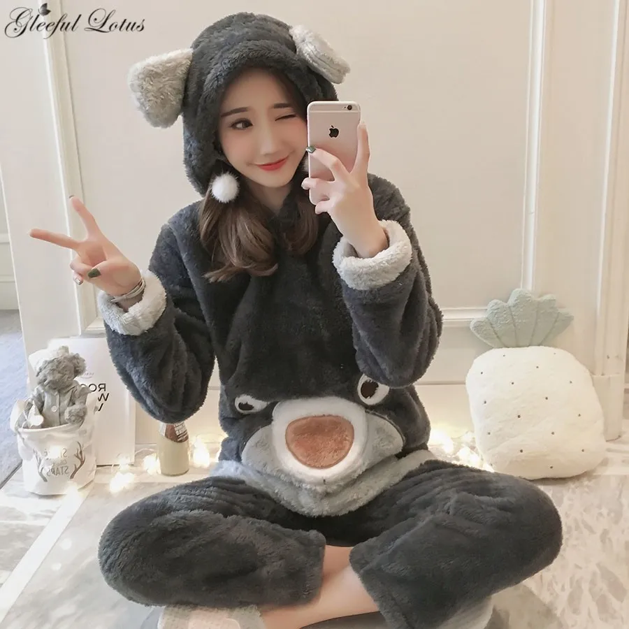Пижама женская зимняя пижама набор кигуруми Kawaii Ночной костюм флисовая одежда