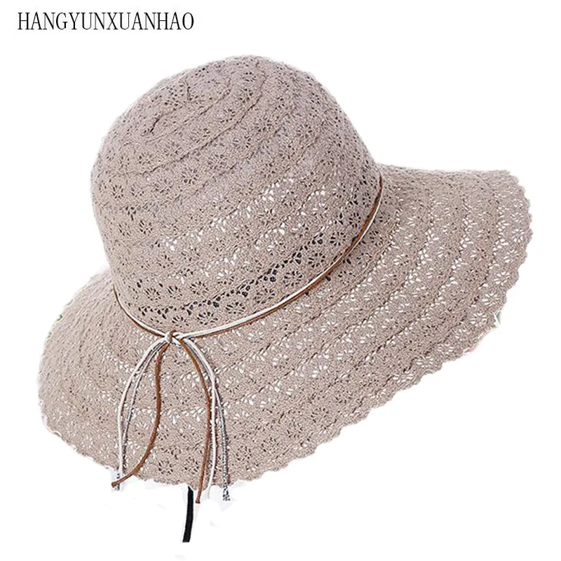 

Foldable Cotton Beach Hat With Bow For Women Elegant Fashion Design Beach Hat For Women Hollow Straw lace Sun Hat