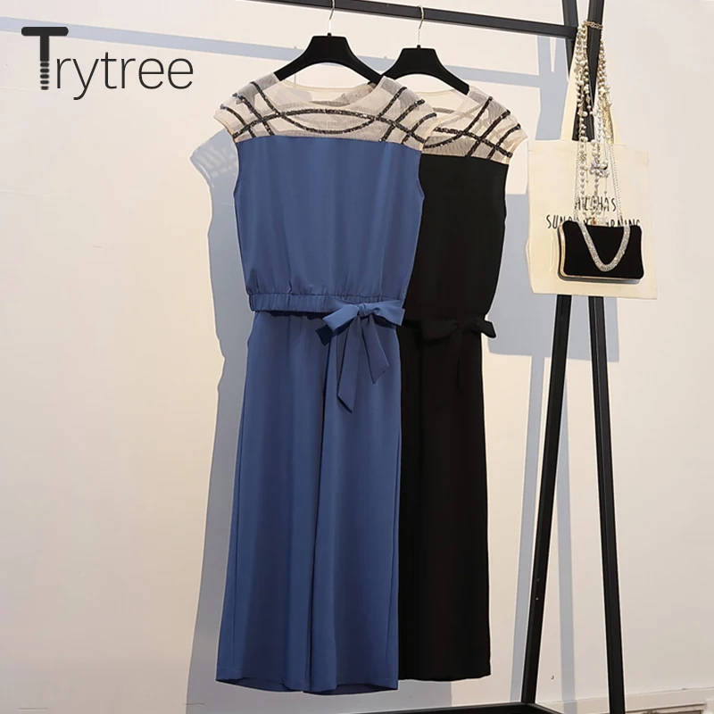 Trytree/летний женский костюм из двух предметов повседневный топ с круглым вырезом и