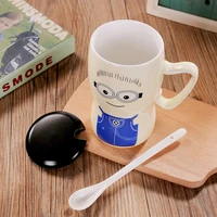ceramic cup with lid spoon character mug cartoon yellow person cup milk coffee cup creative cute cup