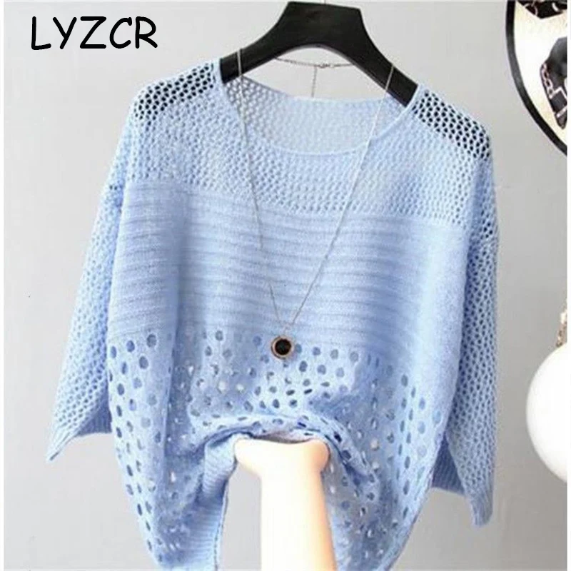 Transparent Knitted Sweater Women Summer Jumper Bat Sleeve Hollow Out Women's Oversized For Loose Knitwear Top | Женская одежда