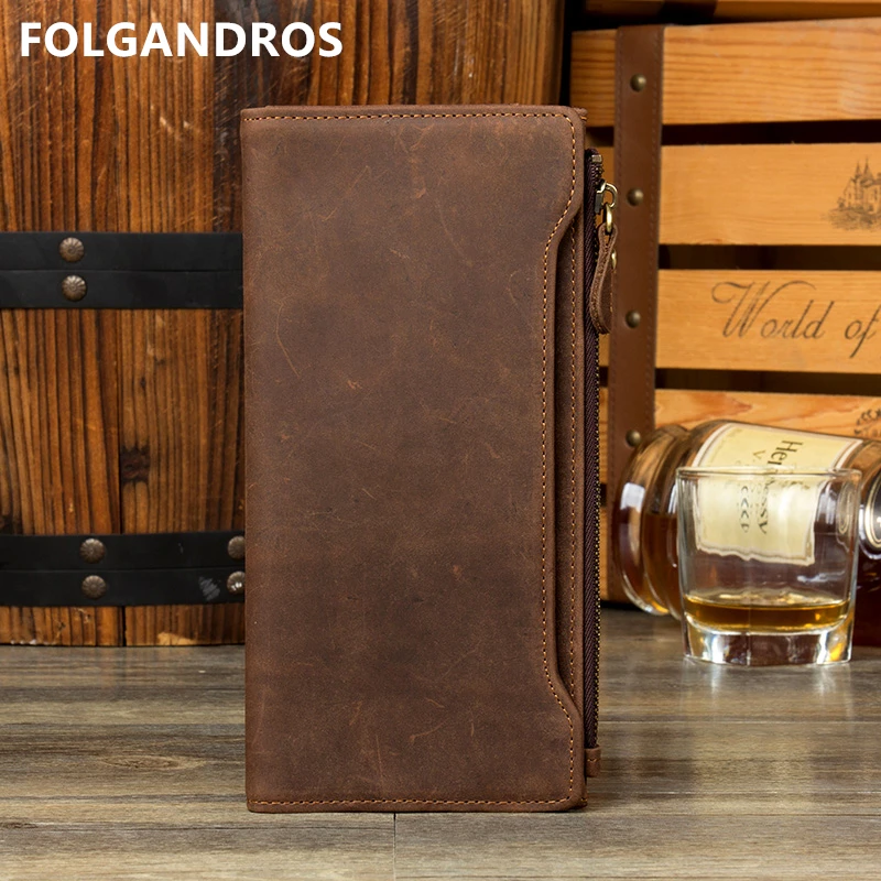 Длинный мужской кошелек из натуральной кожи брендовый бумажник Крейзи Хорс