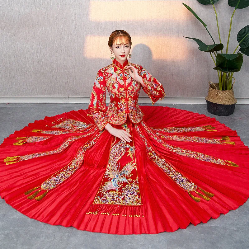 

Высококачественное традиционное китайское свадебное платье, длинное платье Ципао ручной работы с вышивкой, платья в стиле ретро, женский х...