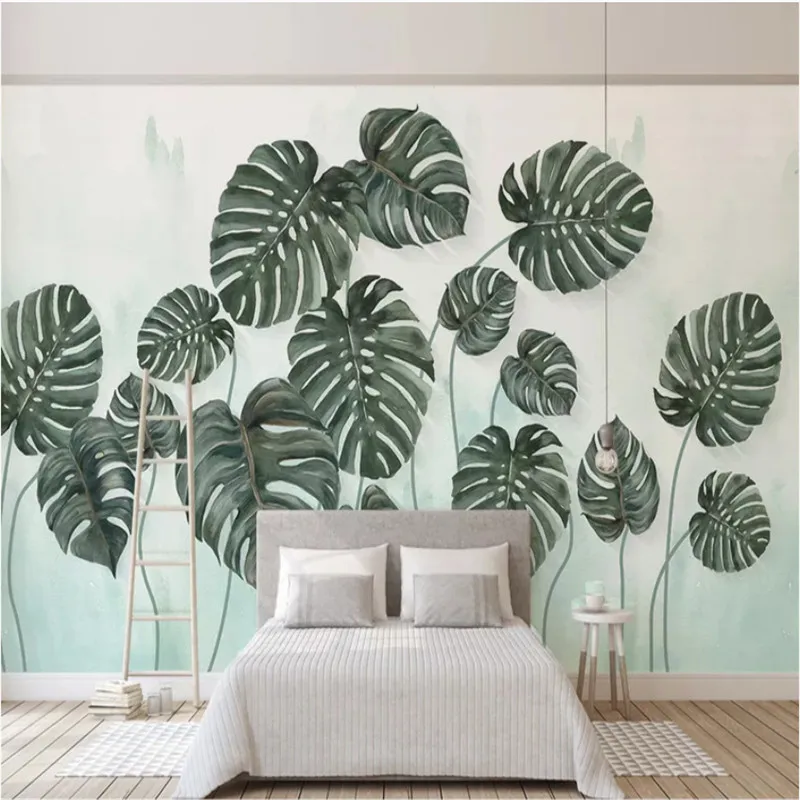 Home Improvement Green Leaf Mural Hand-painted Plant Watercolor Wallpapers for Living Room Bedroom Walls Decor Wall Paper 3D |