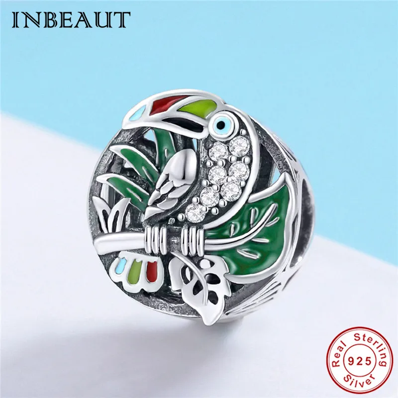 INBEAUT настоящий 925 пробы Серебряный Зеленый лист Дерево Белый CZ Попугай Птица Шарм Бусины Подходит трендовый браслет для женщин ювелирных изделий