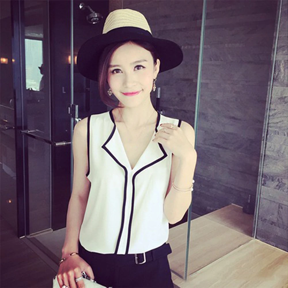 

Summer Women Chiffon Shirt Korean Female Turn-down Collar Sleeveless Autumn Solid Color Tops Casual Girl White European American