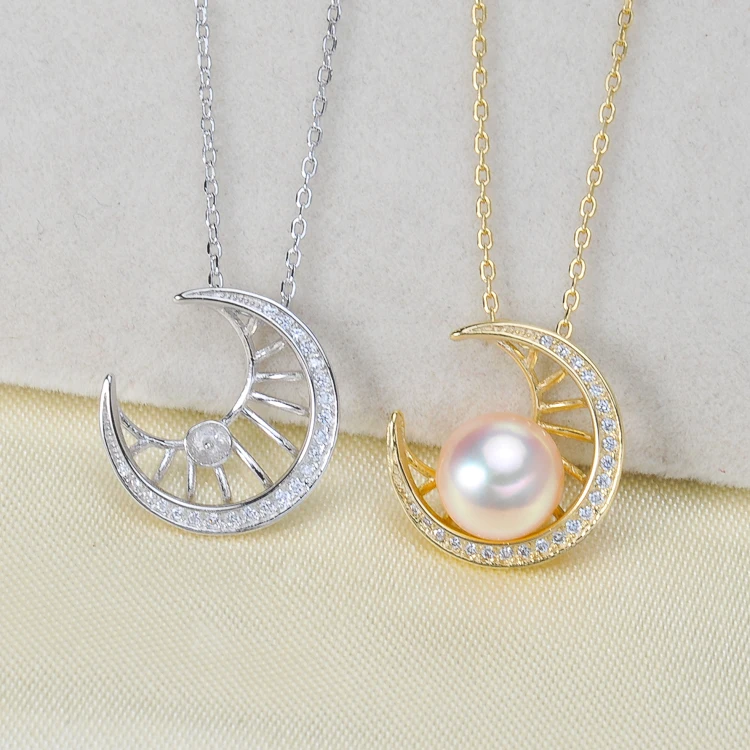 

925 Sterling Silver MOON Pearl Necklace Chain with Pendant Mountings Necklace Findings Jewelry Parts Fittings Accessories