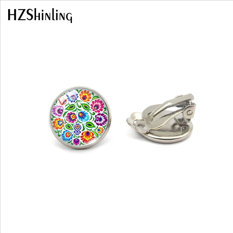 5-Silver Новая мода польские народные Круглые узоры стеклянные Клипсы Серьги Круглый купол стеклянный богемный стиль Серьги Подарки для женщин девушек - Окраска металла: 5-Silver
