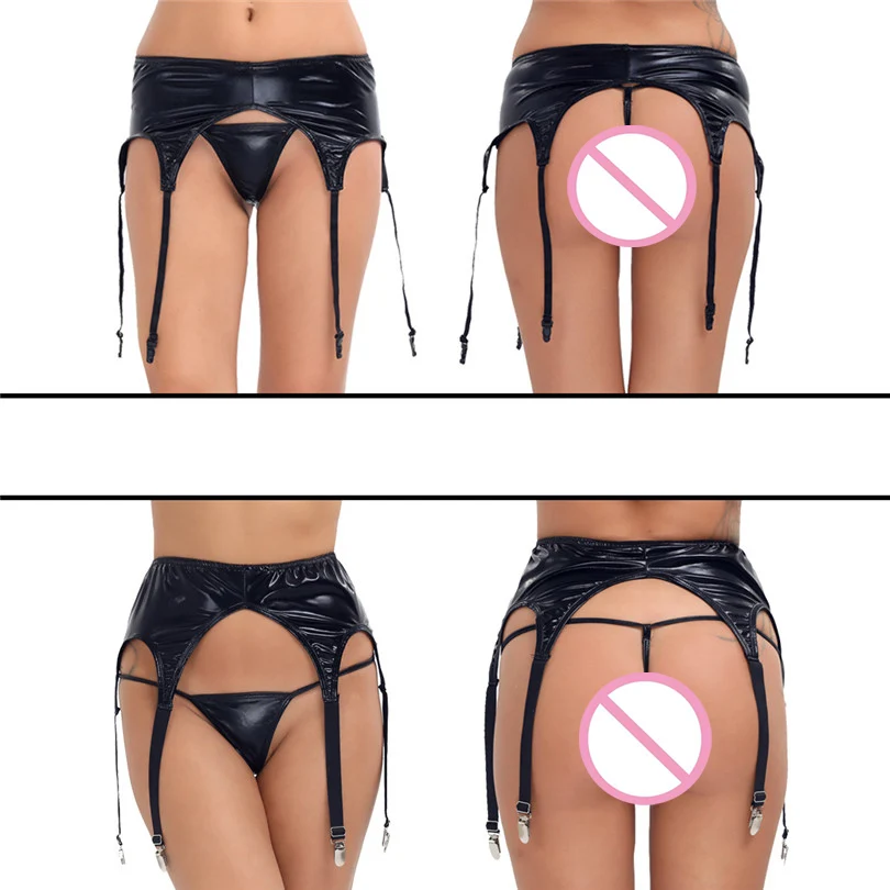 Модные женские сексуальные трусики с подвязками из лакированной кожи
