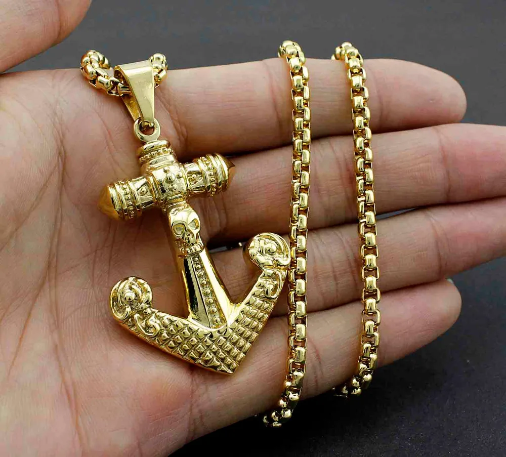 Мужская Золотая нержавеющая сталь Ретро Якорь Байкер Готический кулон ожерелье