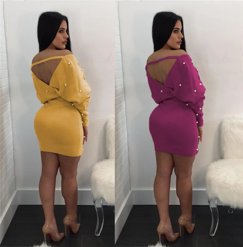 Новинка 2018 года Бандажное мини платье Adogirl с открытыми плечами и жемчужинами