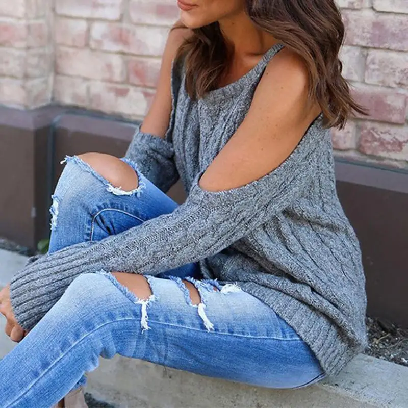 Open Shoulder Knitted Long Sleeve Women Pullovers Loose Twist Sweaters Casual Autumn Winter casacas para mujer christmas sweater | Женская