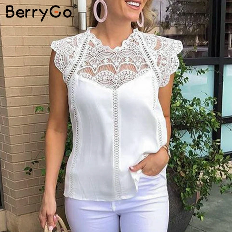 Женский шифоновый топ BerryGo с кружевной вышивкой без рукавов | Женская одежда