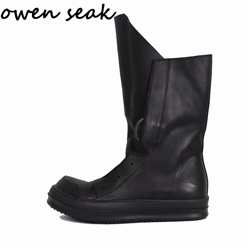 preço Owen Seak Handmade Clássicos Dos Homens Sapatos Casuais De Alta-TOP Botas De Formadores De Luxo Genuíno Couro Lace-up Apartamentos Zip Tênis Preto