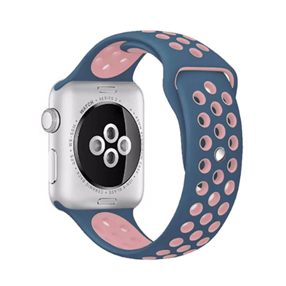 Navy and pink Эластичный дышащий силиконовый спортивный ремешок для apple watch 42 мм, 38 мм, Версия 44 мм 40 мм браслет на запястье, apple серии 5/4/3/2/1 Универсальный - Цвет ремешка: Navy and pink
