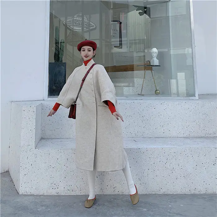 Plus Size casaco feminino inverno Stand Collar Windbreaker Retro Fashion Loose Long Section Long Sleeve Woolen Coat f1121