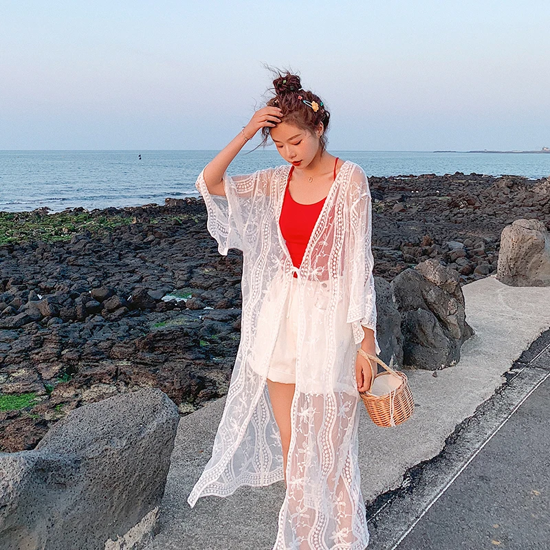 Casual long cardigans womens sunscreen shirt loose beach coat lace chiffon Outerwear (mm7972) |