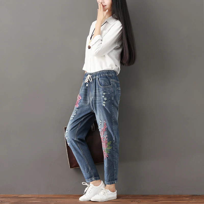 Брюки султанки женские джинсовые с вышивкой Модные свободные повседневные штаны