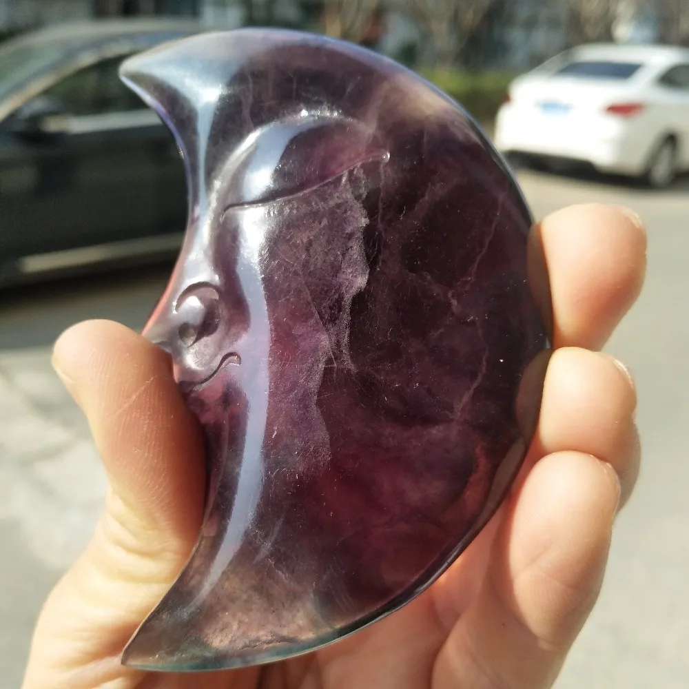 149gnatural rock rainbow fluorite crystal stone carved small smile face moon statue | Stones