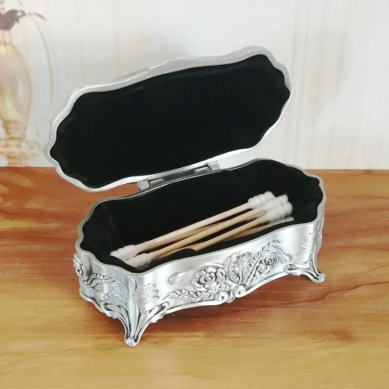 

Size S Vintage Jewellery Case Fashion Jewelry Box Zinc-alloy Metal Trinket Box Flower Carved Toothpick Cotton Swab Storage Box