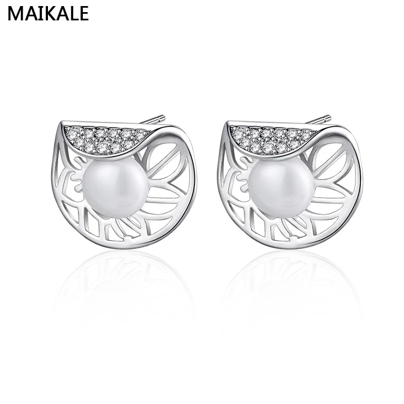 MAIKALE, новинка, модные круглые серьги-гвоздики с жемчугом, цирконием, полые геометрические серебряные серьги для женщин, ювелирные изделия, подарки