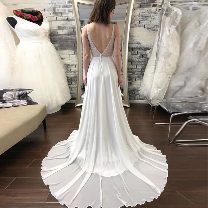 New Bohomian Beach Wedding Dress Sheer Bodice Chiffon Bridal Robe De Maria White Chapel Train Backless Vestido Noiva | Свадьбы и
