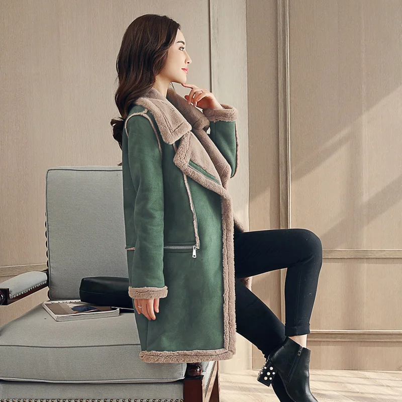 

2020 Winter Suede Leather Jacket Women Lambswool Warm Coat Long Sleeve Thick Slim Parka Female Elgant Outwear Overcoat Okd489