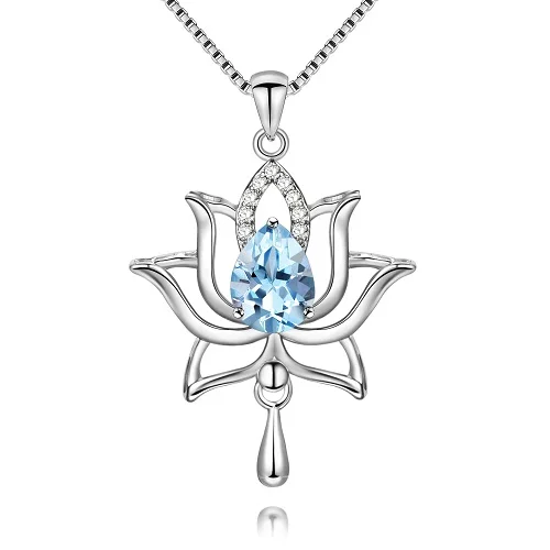 Blue Almei женский 1.2ct Голубой топаз 925 пробы Серебряный Лотос ожерелья и подвески для женщин элегантный цветок одуванчика с коробкой CN055 - Цвет камня: Blue