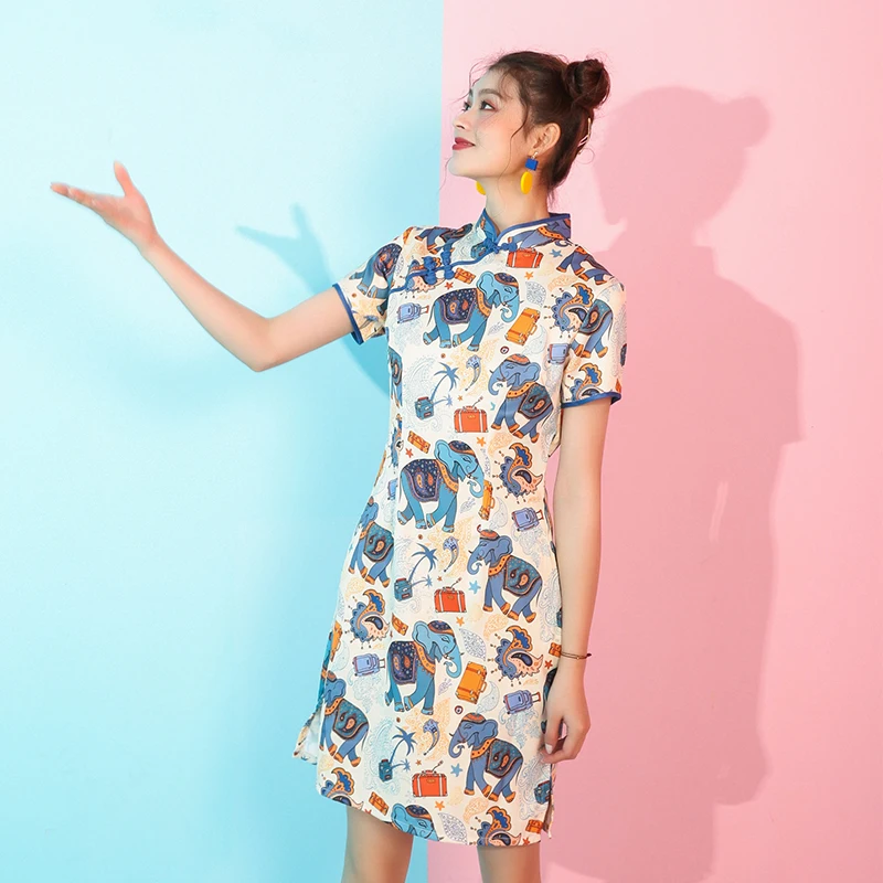 SWEETXUE мультфильм ретро молодой Cheongsam модифицированное мини платье Лето слон печати короткий рукав, разрез Молодежные платья