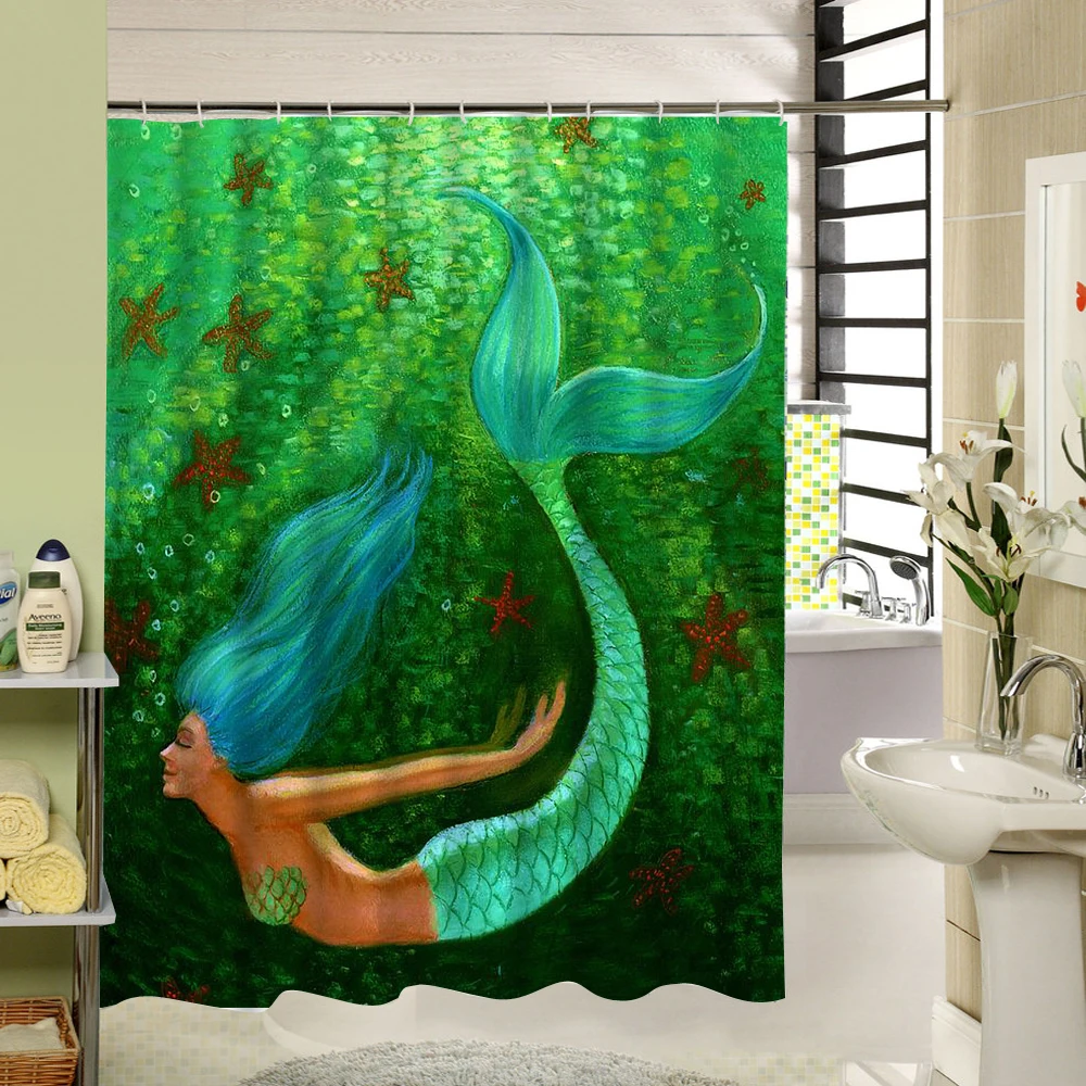 The Beautifu Mermaid With Green Hair Is Enjoying Flower In River Custom Curtain For Bathroom Waterproof Shower | Дом и сад