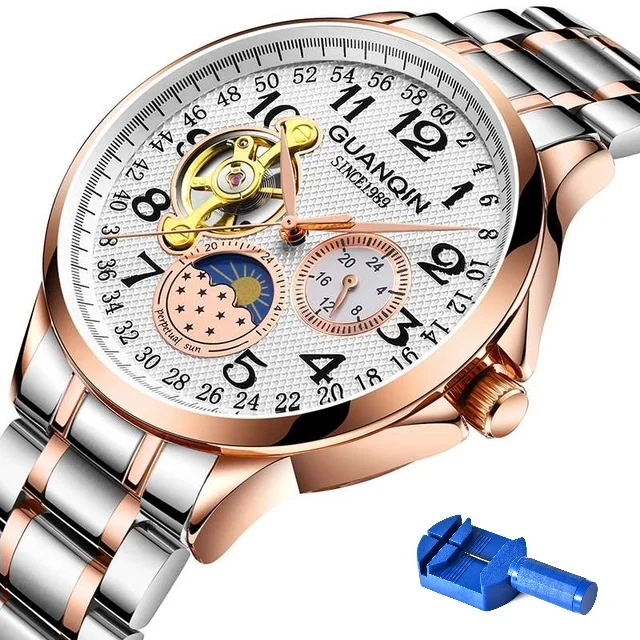 Rose Gold White Tool Часы мужские GUANQIN GJ16212 наручные часы мужские s Moon фазный автоматический часы лучший бренд Скелет Механические наручные часы Fix Инструмент - Цвет: Rose Gold White Tool