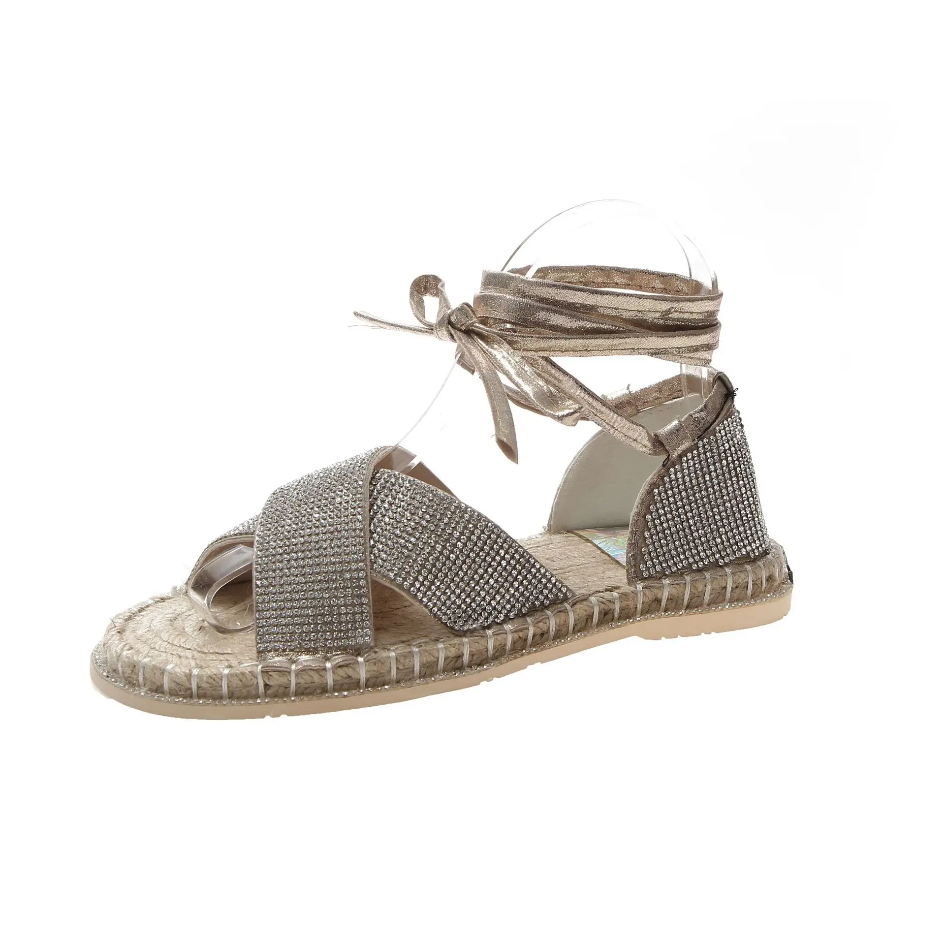Women's 2019 new water drill cross straw linen transparent bottom ring with Roman sandals | Обувь