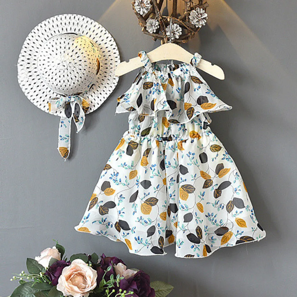 Платье без рукавов с оборками и принтом в виде листьев для маленьких девочек