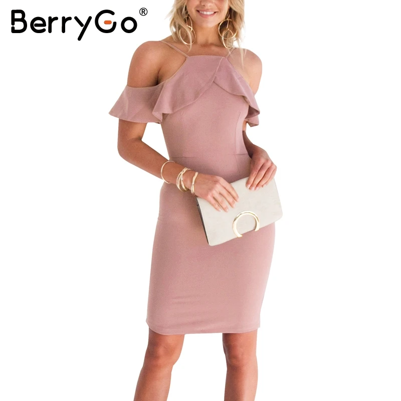Женское платье с открытыми плечами BerryGo зимнее облегающее рюшами и открытой
