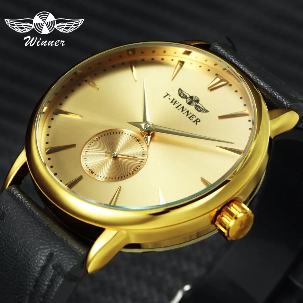 WINNER Royal Business Mechanical Watch Men Leather Strap Golden Dial Top Brand Luxury Fashion Wristwatches for Man Lover Gift Наручные