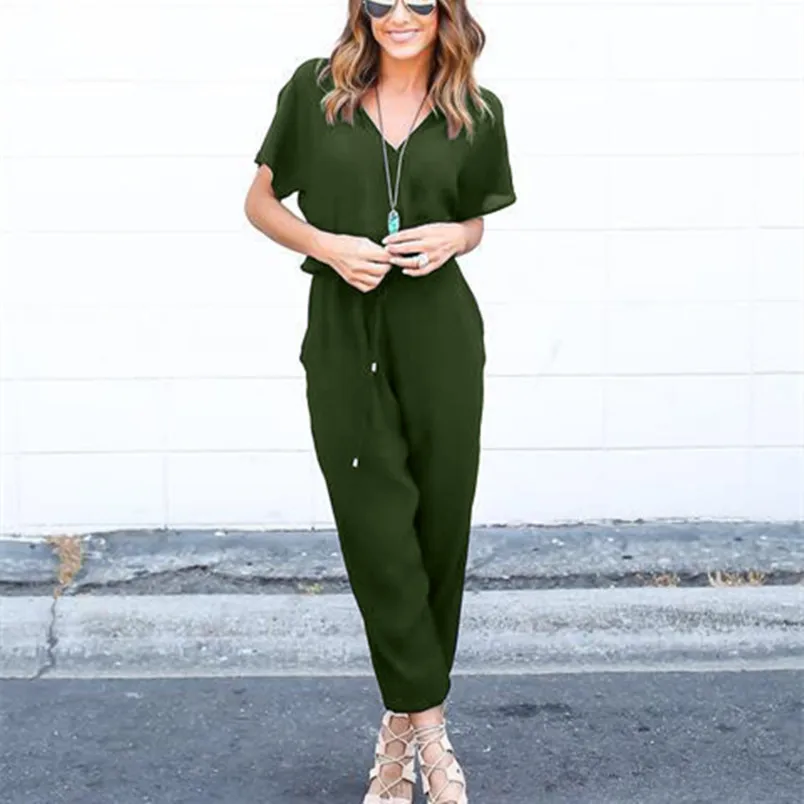 

2018 Sexy backless off shoulder black jumpsuit women Tiered ruffle high waist jumpsuit romper Female casual overall green